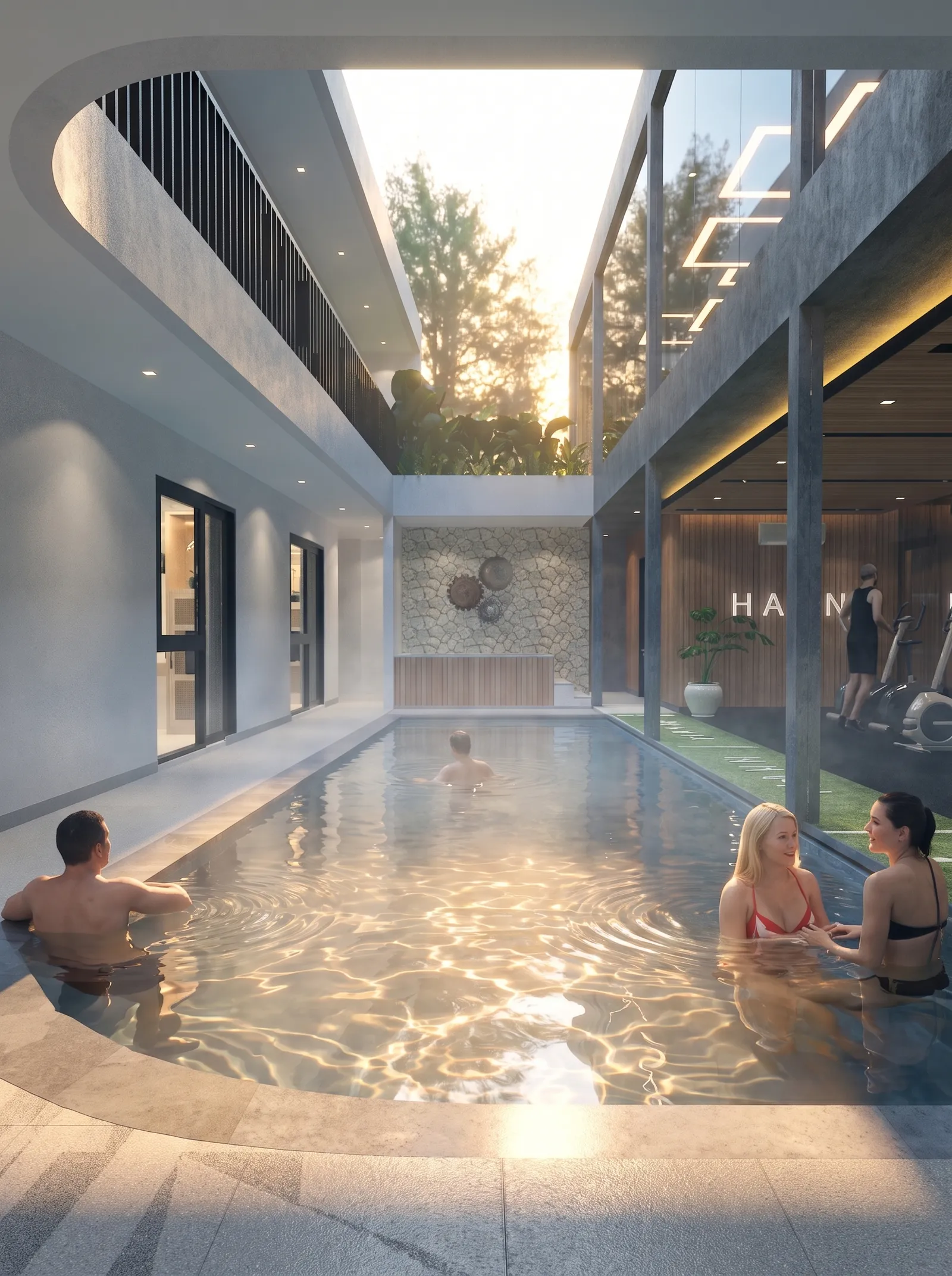 HAVN shared indoor pool in early morning light